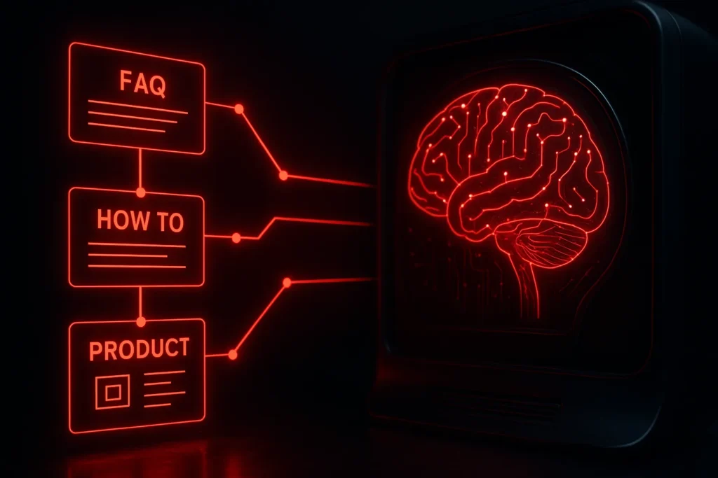 Schema that helps LLMs shown as red neon data graph feeding an AI brain