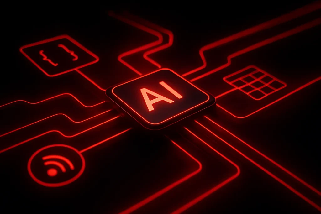 Red neon data streams of JSON, CSV, and feeds flowing into an AI core on a black background