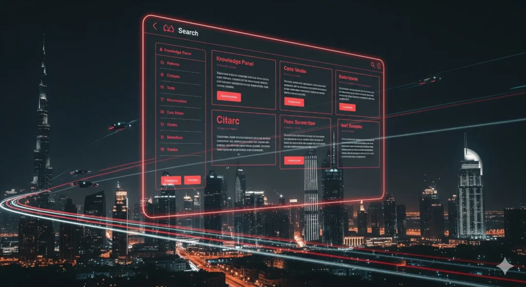 Black and red neon dashboard concept for AIO optimization with a futuristic Dubai city backdrop