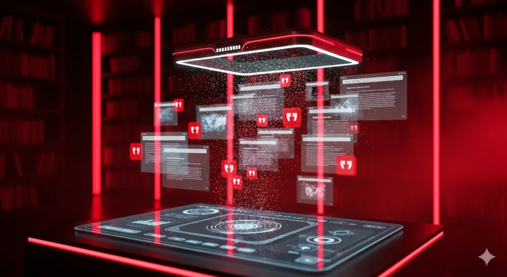 AI citations concept: LLMs choosing reliable sources in a red neon Dubai-inspired data library