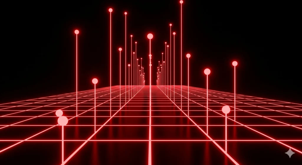 Red neon grid with rising lines and nodes on black, representing SEO growth and rankings.