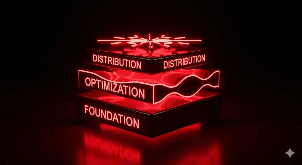 Red neon three‑layer stack on black representing Neo Core’s optimization framework.