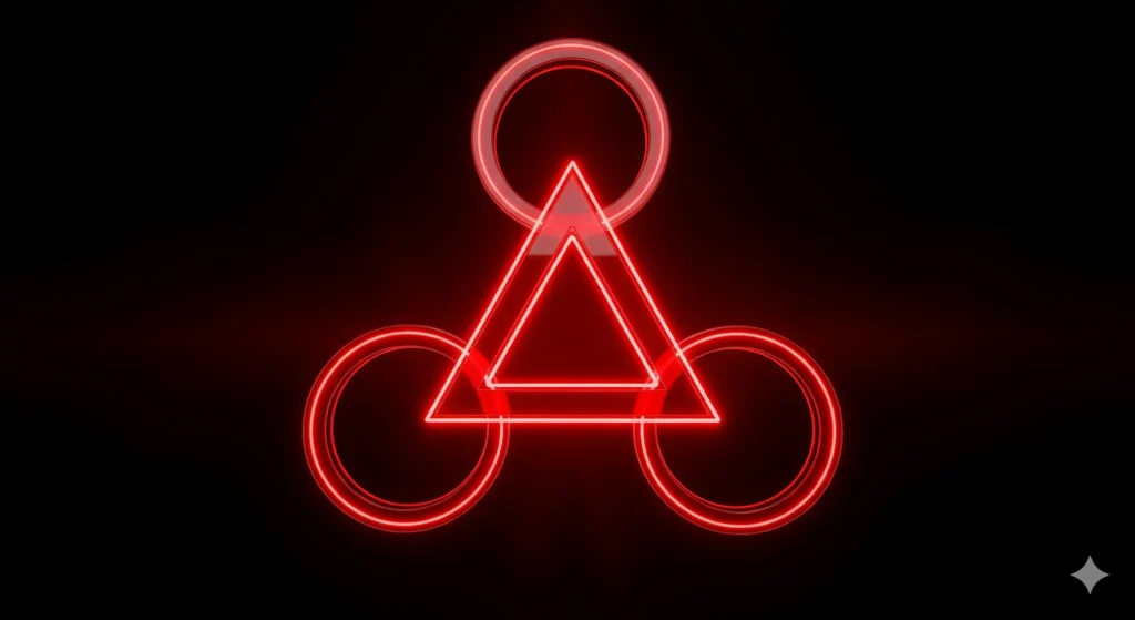 Red neon triangle with intersecting arcs on a black background, symbolizing the intersection of GEO, SEO, and AEO.