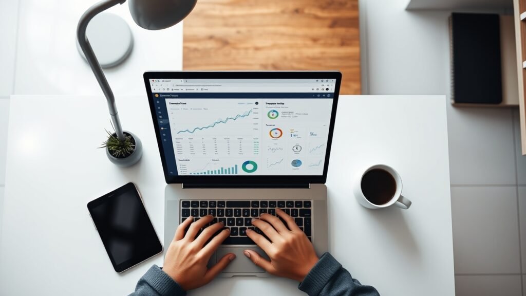 Modern marketing professional desk with laptop and data dashboard