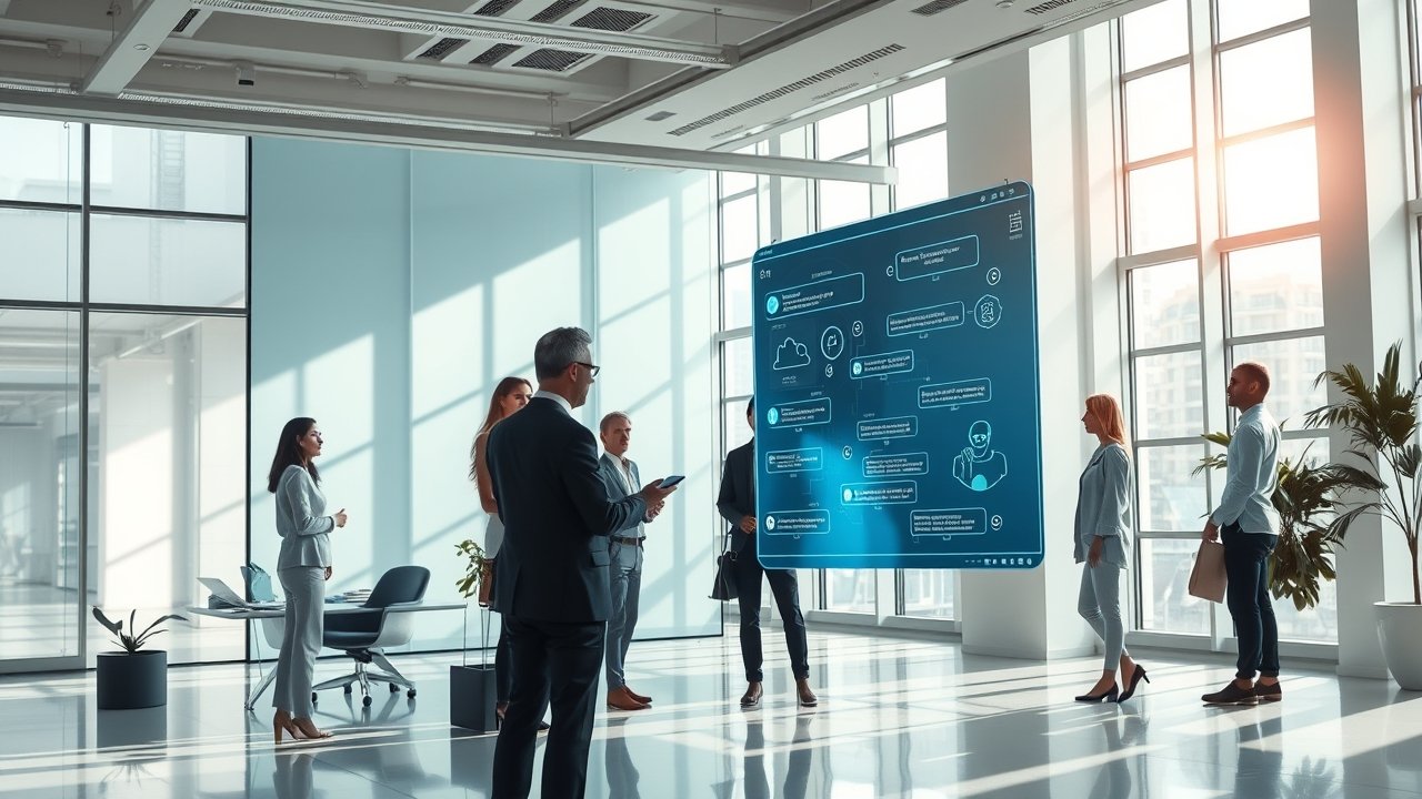 Modern office with AI chatbot interface display