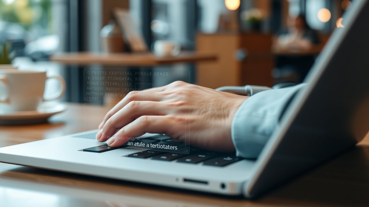 Hands typing on a laptop with AI content generation overlay