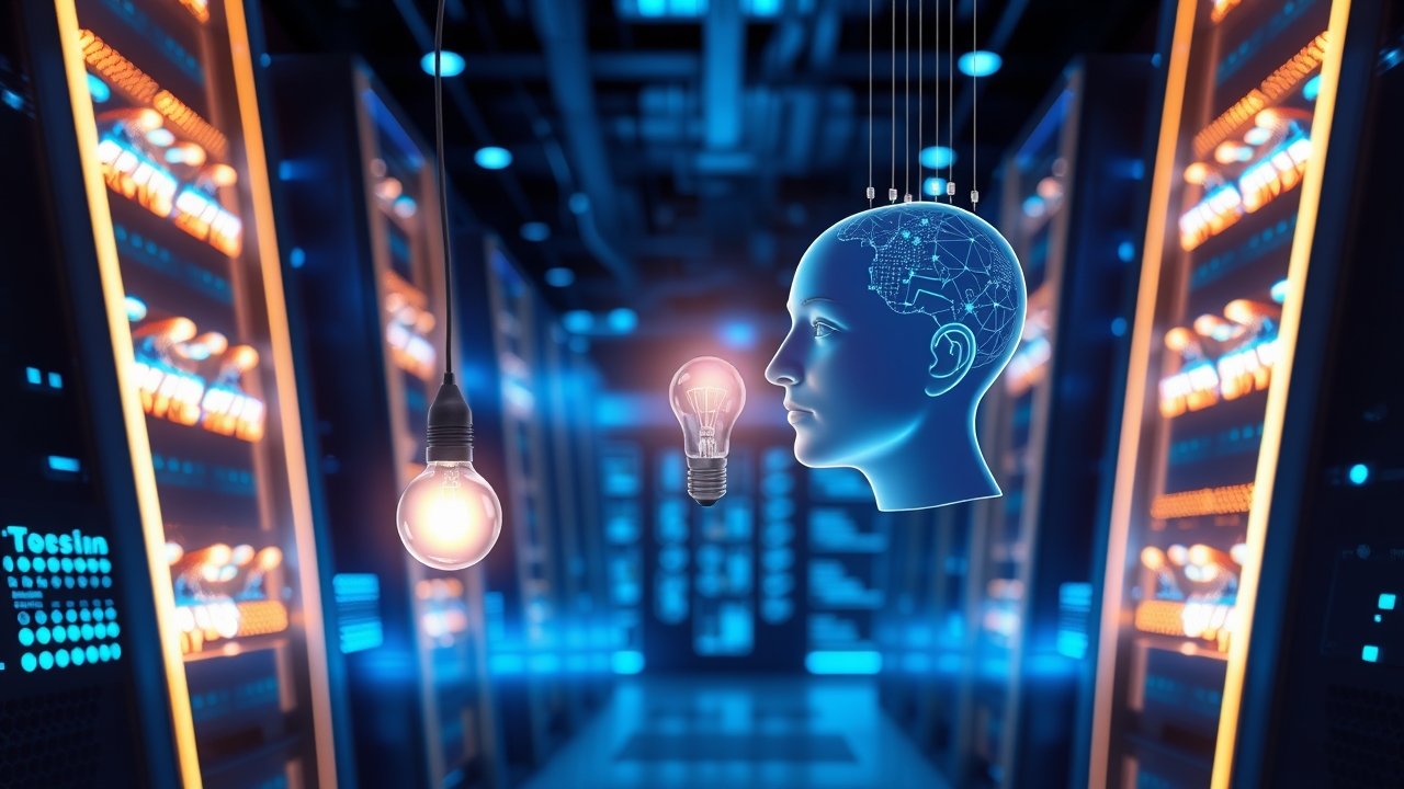 Hologram representing AI data processing in a server room