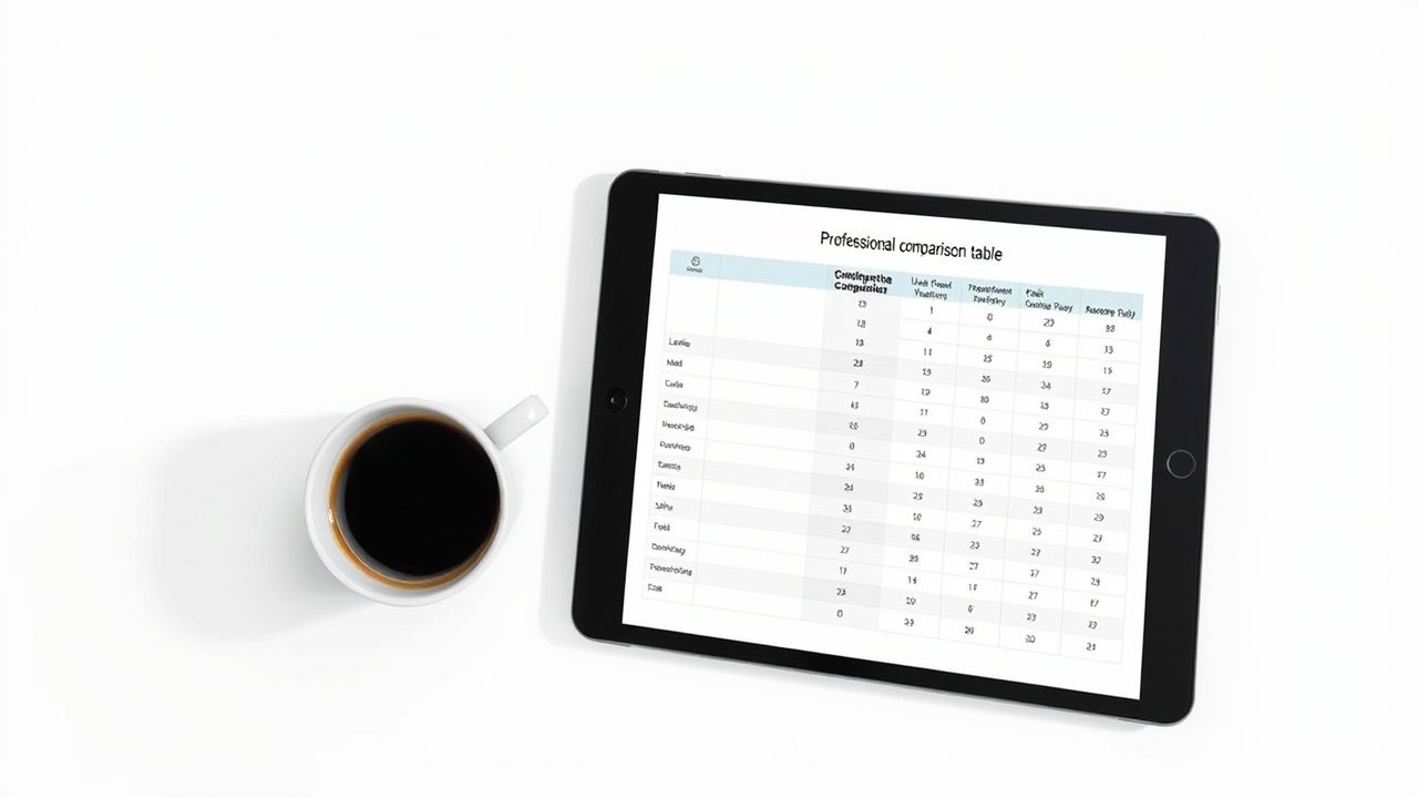 Minimalist desk with a tablet showing a tool comparison table
