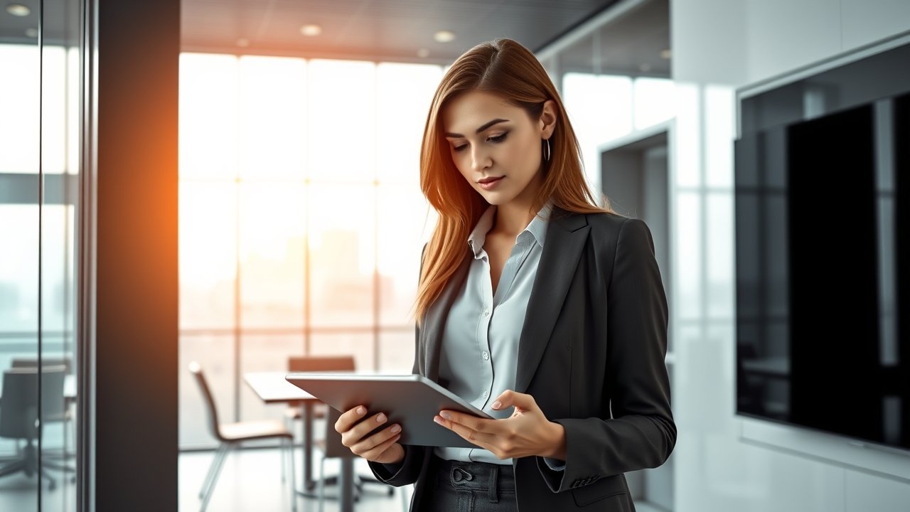 Business professional using a tablet in a modern office