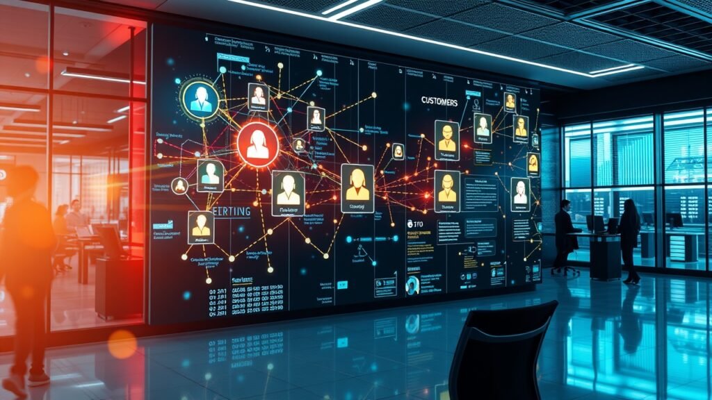 AI data visualization of customer profiles in a modern office