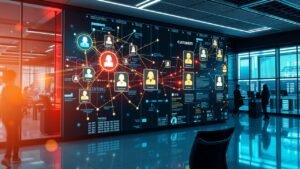 AI data visualization of customer profiles in a modern office