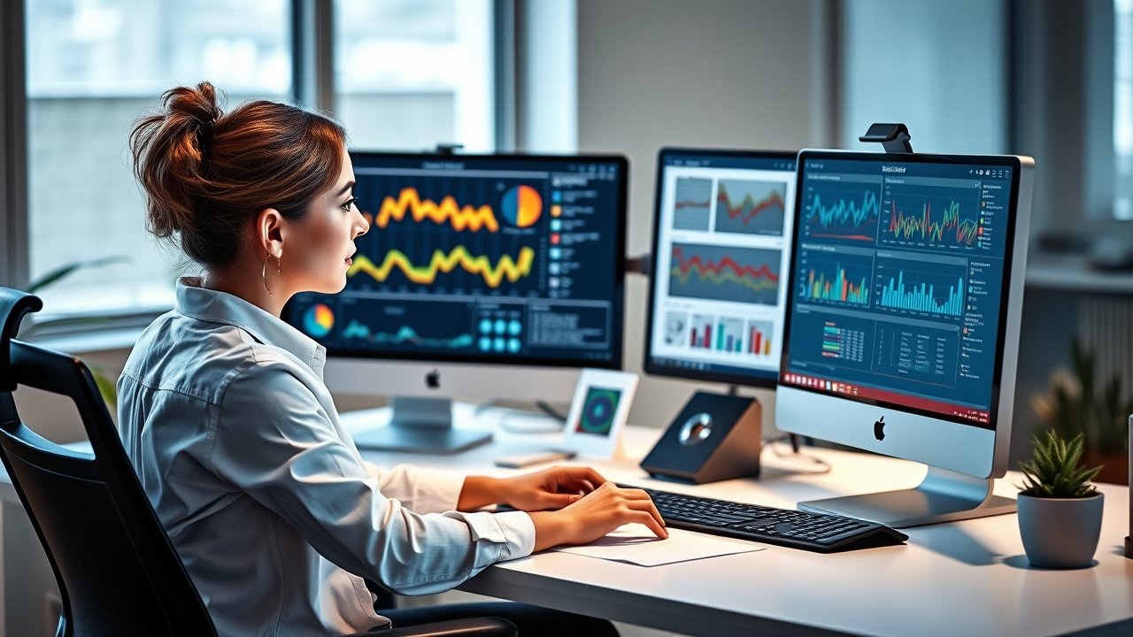 Marketing analyst studying user behavior data on multiple monitors