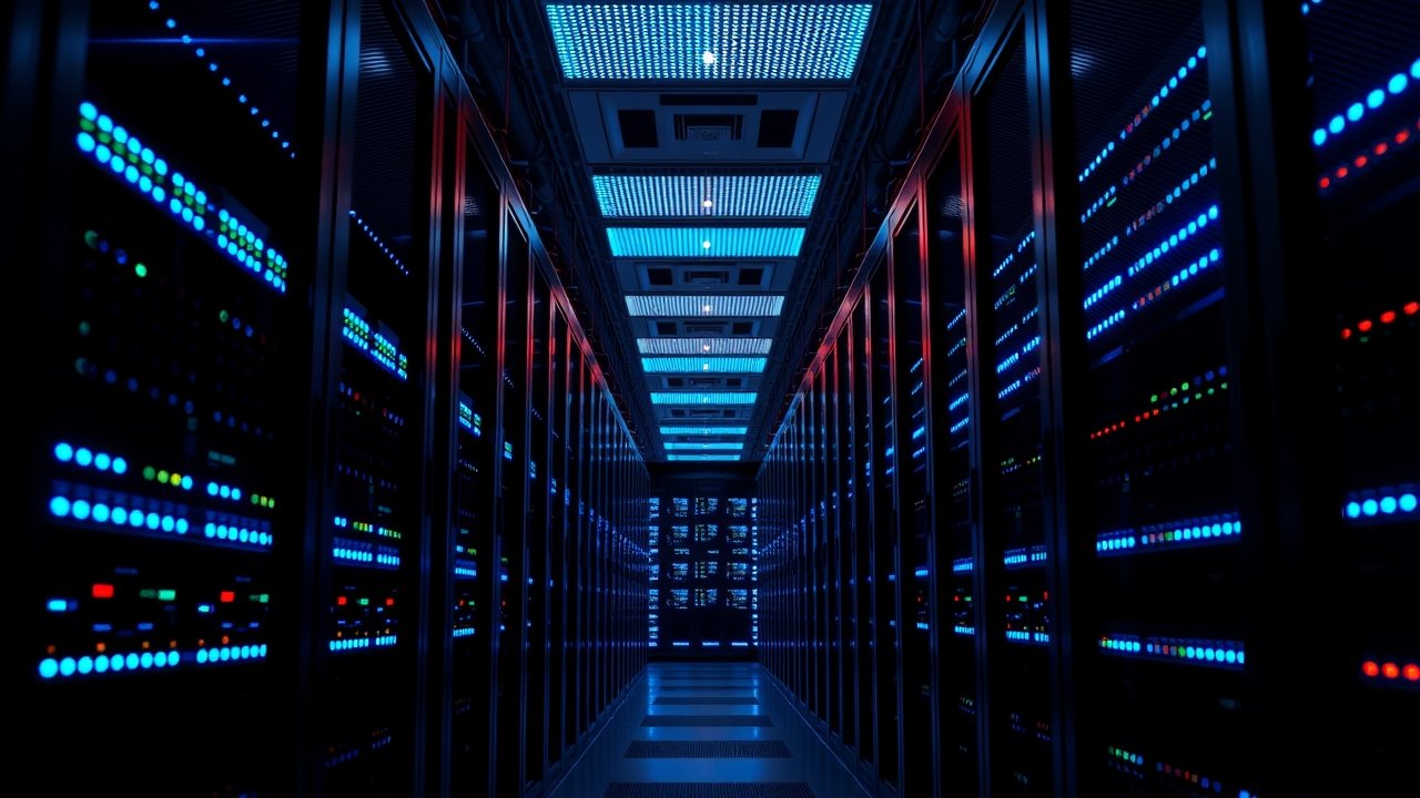 Data center server racks representing AI processing power
