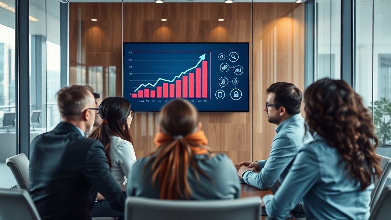 Business team reviewing AI-driven growth metrics in a boardroom