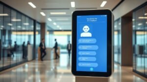 Modern digital kiosk with AI chatbot interface in a professional office