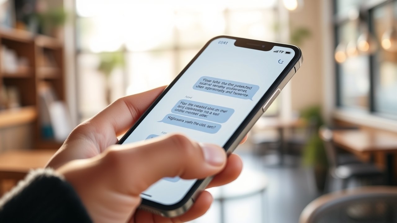 Sophisticated AI chatbot conversation on a smartphone screen in a cafe