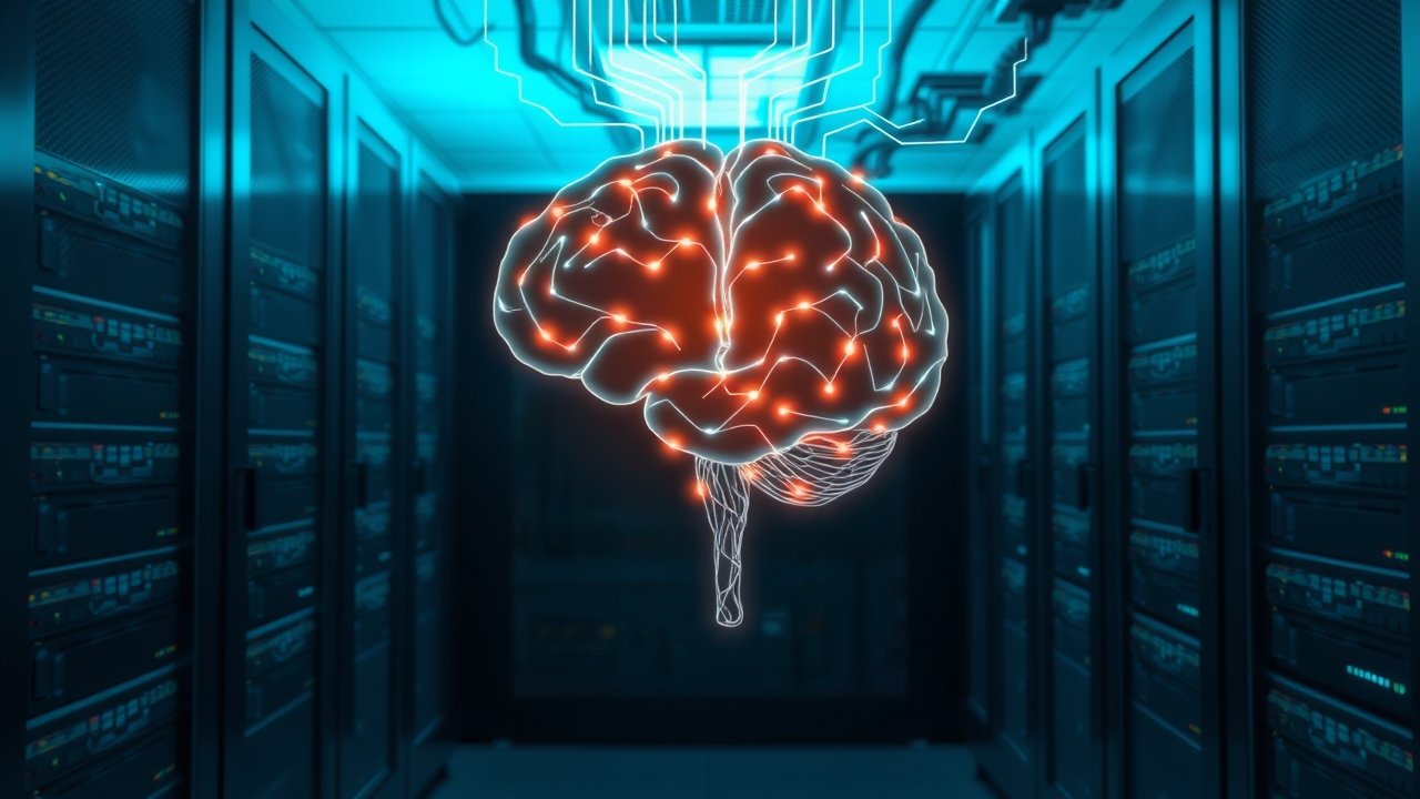 Glowing digital brain representing Natural Language Processing in a server room