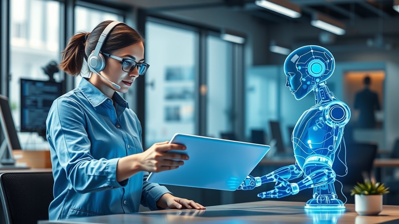 Human agent and AI hologram collaborating in a modern workspace