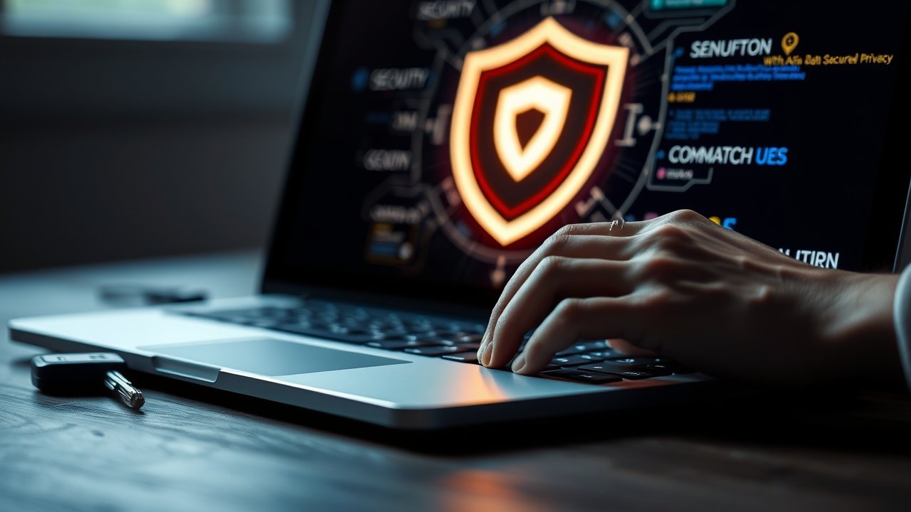 Laptop screen with digital shield representing AI data security