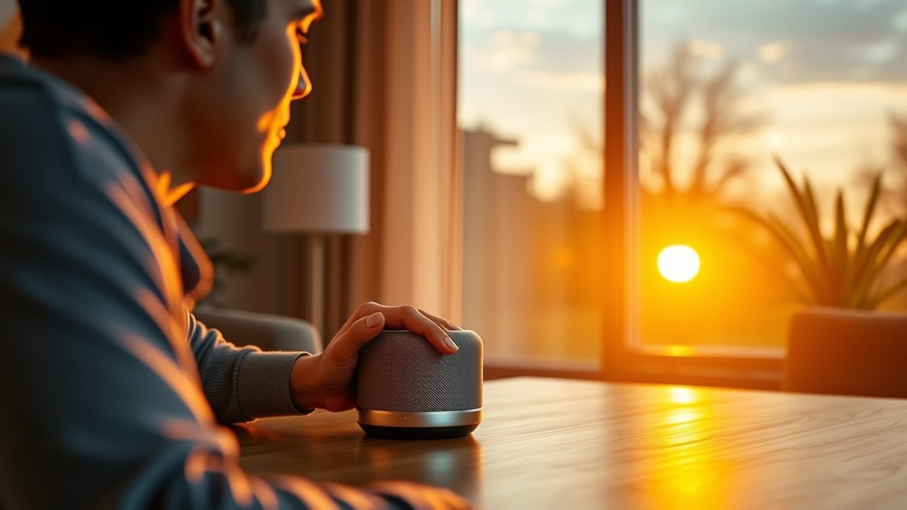 Person interacting with a smart speaker for voice-activated AI assistance